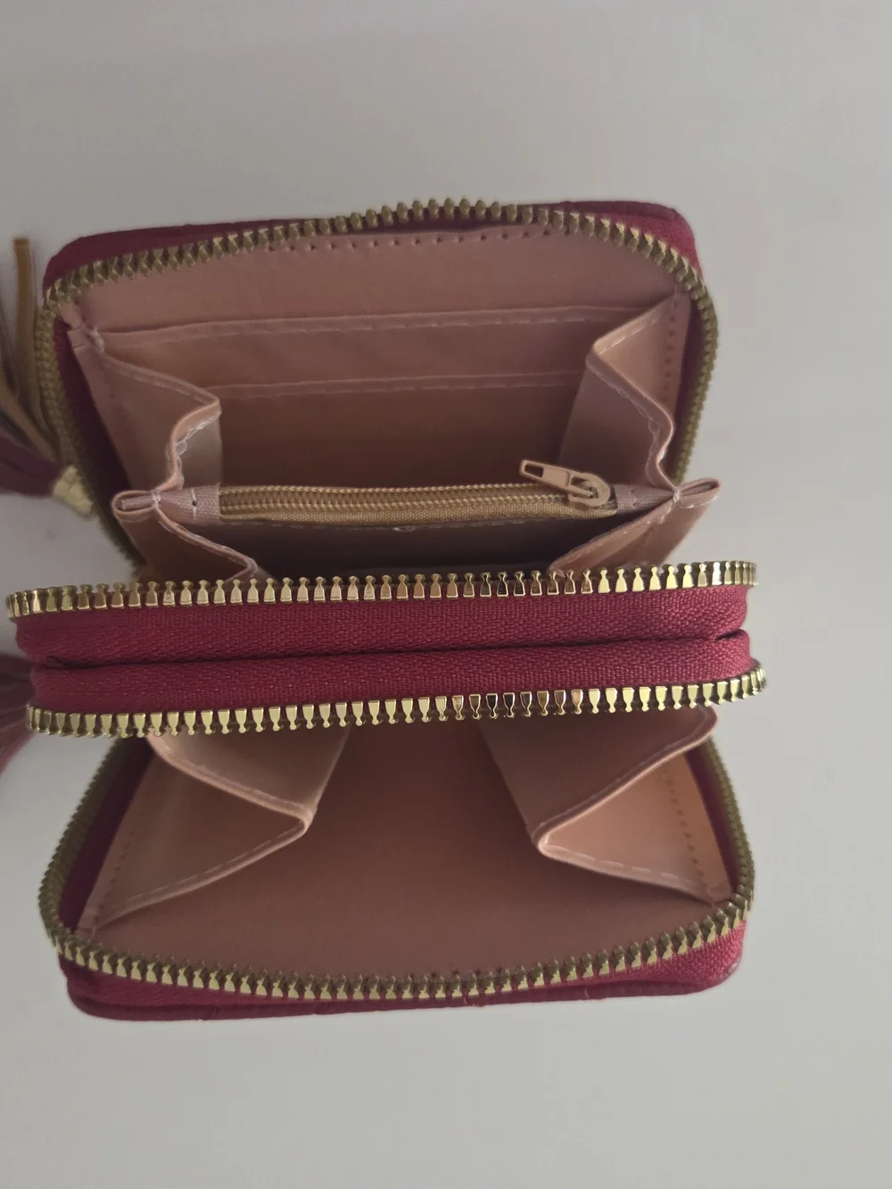 Burgundy Quilted Zip-Around Wallet with Tassel for Women Credit Card